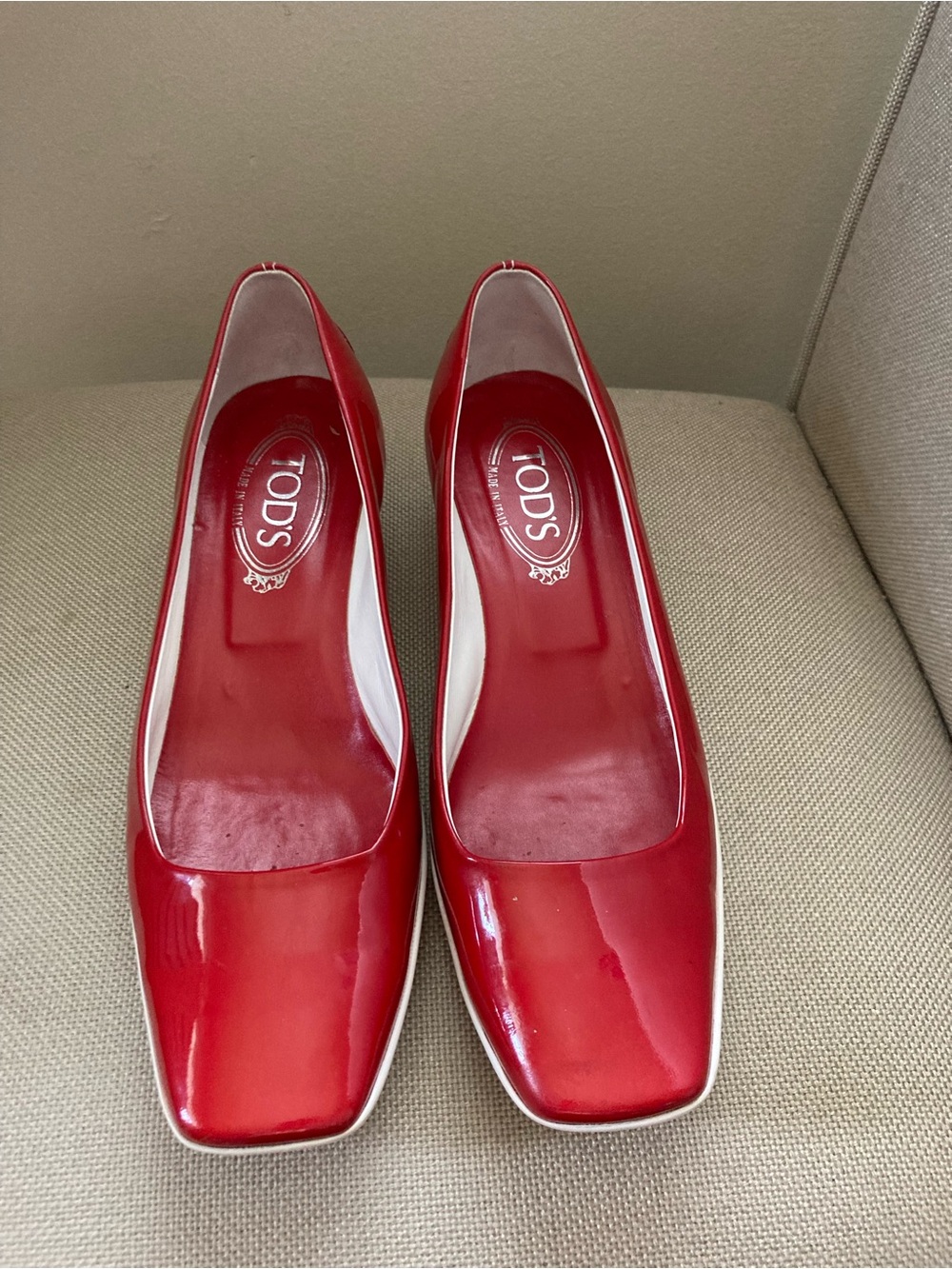 Tod’s Red Patent Low Wedge Pumps with white Studded Detail Size 39